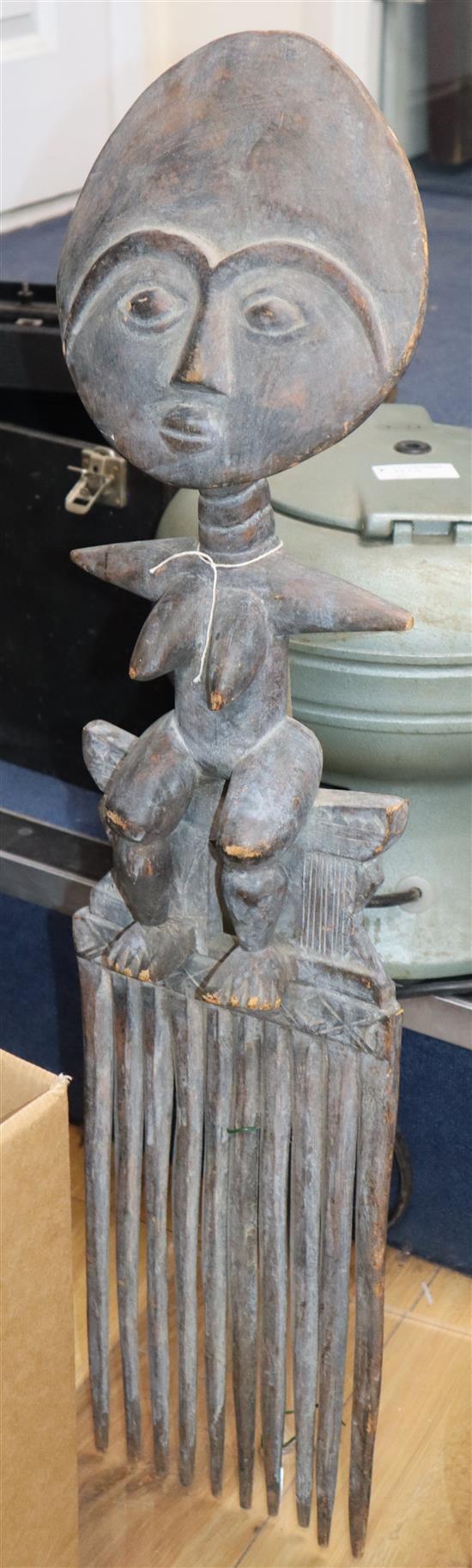 An African Ashanti wooden sculpture, 84cm, an African kora, an African Baga Nimba Tribe Guinea carved fertility figure,